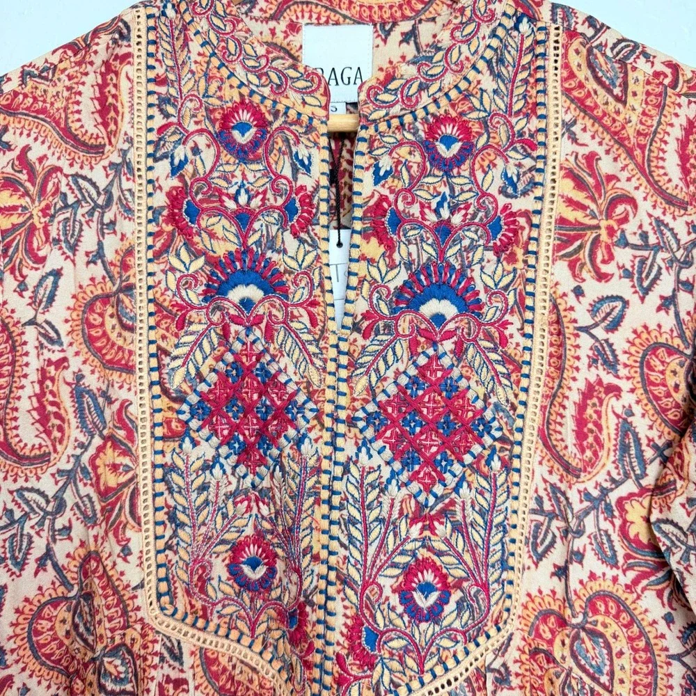 NEW RAGA Naya Embroidered Paisley Midi Dress Beige Red Boho Tiered XS